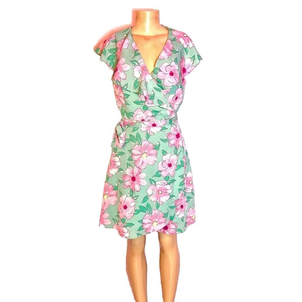 Gianni Bini Dress Size Small Green Pink Floral Ruffle Wrap Feminine Dainty Event